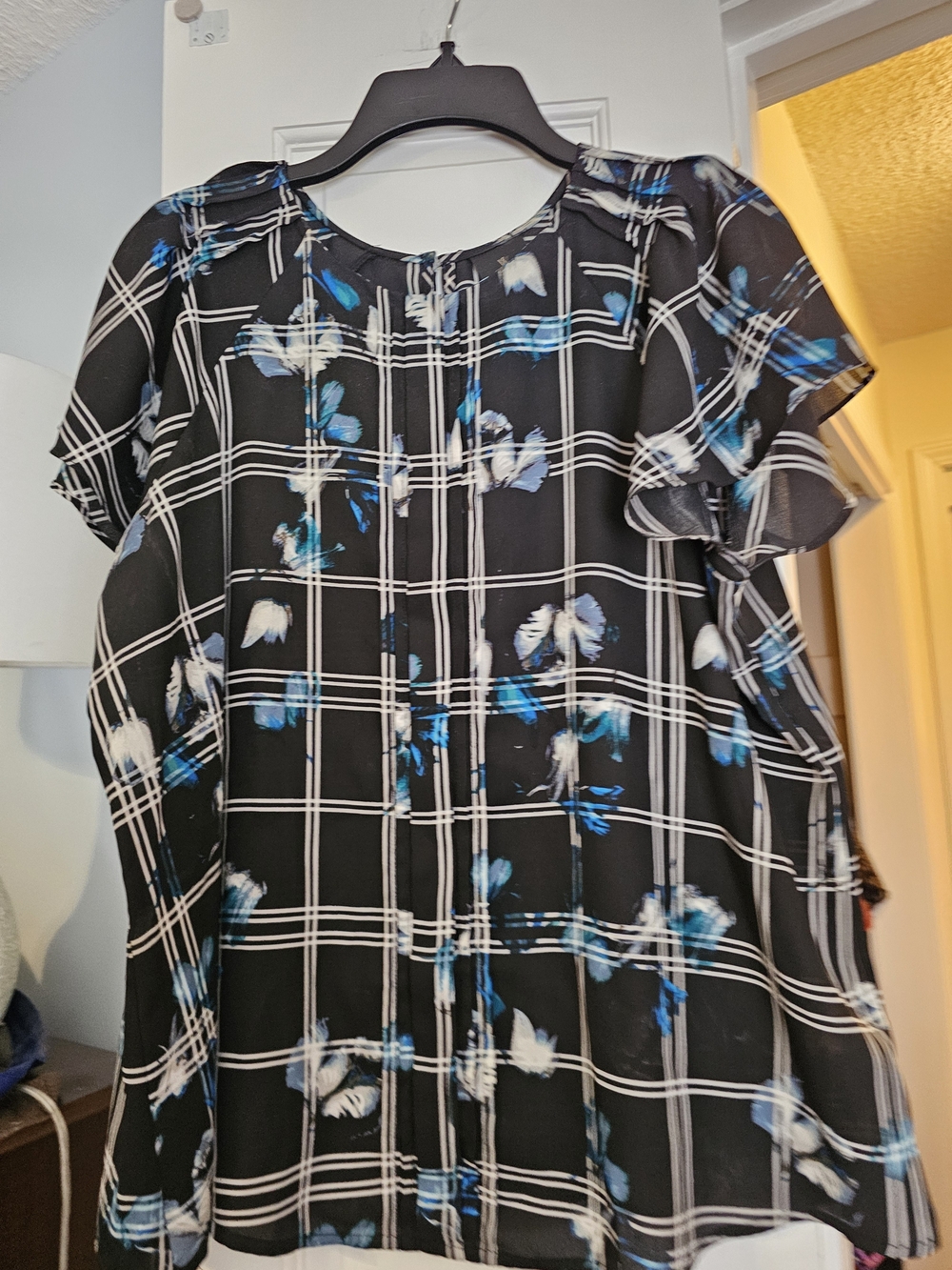 4/$25 Worthington Black Plaid Midi Dress with Blue & White Floral Accents